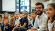 © Yulia Schuster - Group of Diverse Children Sitting in Modern Classroom with Teacher Explaining