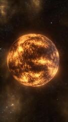 Poster - A spherical celestial object radiating intense orange light against a dark starry backdrop evocative of cosmic structures