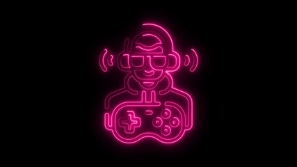 Poster - Neon Gamer Icon Animated Gaming Controller and Headset Illustration on Black Background Perfect