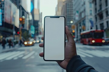 Detailed Color Image of Holding Smartphone at the City Street