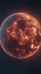 Poster - Glowing planet with fiery lights against a dark starry background. The planet glows with warm orange light resembling cities. The overall effect is both mysterious and visually striking.