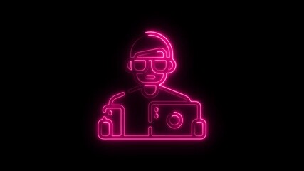 Poster - Neon Graphic of a Person with Glasses and Headphones Holding a Tablet Illuminated in Pink Against