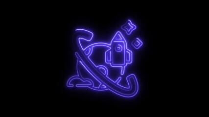 Aufkleber - Neon Space Rocket Launching Into Orbit Around Planet Futuristic Animated Illustration for