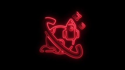 Aufkleber - Animated Neon Space Exploration Icon Rocket Ship Planet Stars Glowing Red Outline on Black