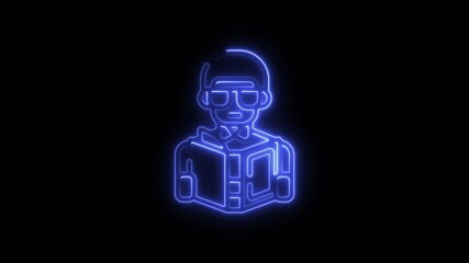 Poster - Animated Neon Reading Man Icon Glowing Blue Outline on Black Background Perfect for Educational