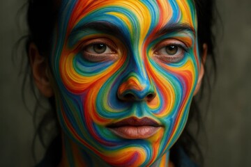  A woman with bright colored face paint on her face