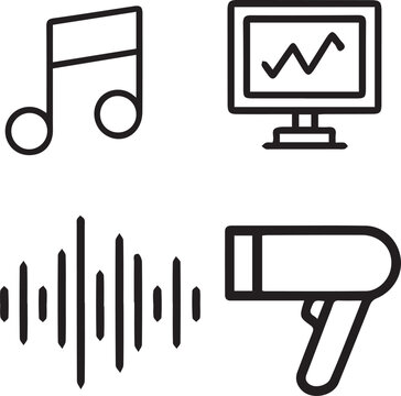Audio and Media Line Icons, Sound and Technology Outline Symbols, Music and Entertainment Vector Graphics, Data and Hair Care Icon Set, Mixed Utility Line Art Icons