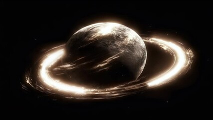 Poster - Abstract digital animation of a planet with luminous rings against a dark background creating a sense of wonder and cosmic beauty.