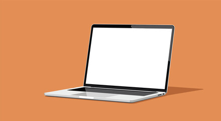 A bright white laptop rests open on a vibrant orange background casting a soft shadow below showing the modern device with a blank screen