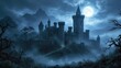 © Cahya - Mysterious ancient castle shrouded in mist under a full moon with a magical glow