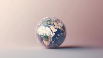 Poster - Abstract Earth globe with pixelated texture set against a soft pink gradient background. Blue oceans and white continents. Minimalist and modern concept of the planet.