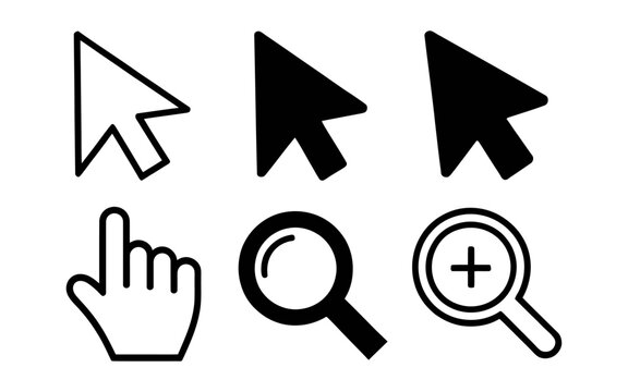 Cursor and Pointer Outline and Solid Vector Icons Set - Click Zoom Search