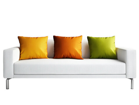Modern white sofa with colorful pillows isolated on transparent background