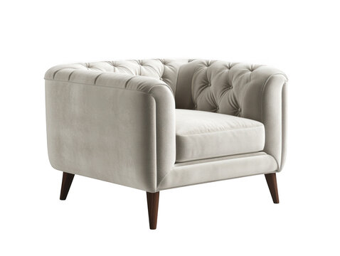Beige velvet button tufted armchair isolated on transparent background