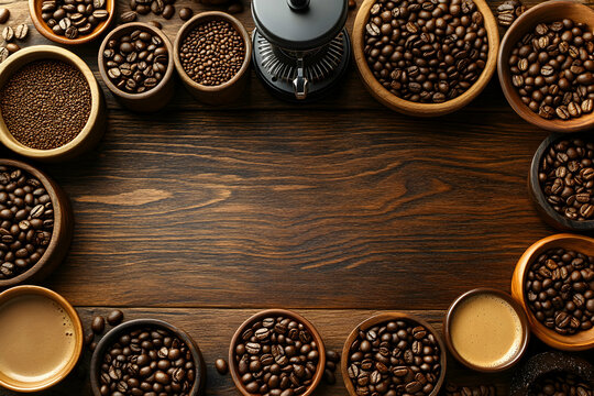 Aromatic coffee beans arranged around a rustic wooden surface, with a grinder and cups of coffee, creating a rich and inviting frame for your text or design.