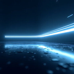 Aufkleber - Abstract blue neon light trails above reflective wet surface with water droplets and dark background