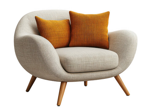 Modern beige armchair with orange pillows isolated on transparent background
