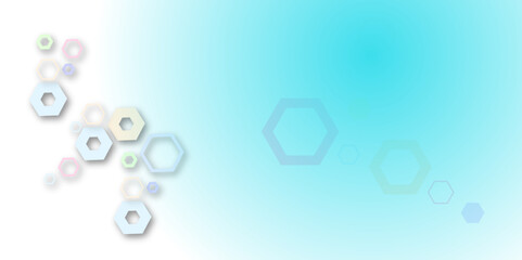 Wall Mural - Abstract pastel hexagon pattern on white background with soft blue gradient. Modern geometric design with 3D shadow effect, ideal for tech, medical, or futuristic-themed presentations.