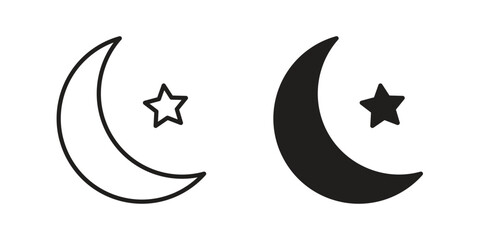 Poster - Moon and star icon. Flat and stroke versions. Graphic elements.