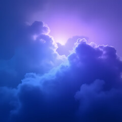 Aufkleber - Dramatic blue and purple cloudscape with bright light peeking through fluffy cumulus clouds in a gradient sky