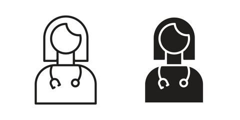 Poster - Woman Doctor icon. Flat and stroke versions. Graphic elements.