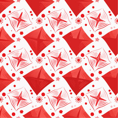 Poster - A repeating geometric seamless pattern illustration featuring stylized red diamond shapes, starbursts, and circular elements on a white background.