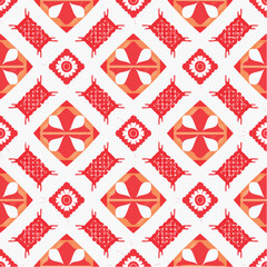 Poster - A vibrant and intricate geometric pattern design featuring repeating shapes in red, orange, and white, creating a visually appealing and symmetrical artistic composition.