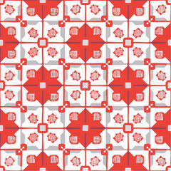 Poster - A symmetrical geometric pattern features repetitive red, white, and gray shapes arranged in a seamless tileable format, forming a bold graphic design.
