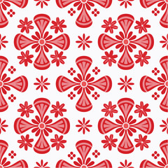 Poster - A vibrant seamless pattern featuring a repeating design of stylized red floral elements and geometric shapes on a clean white background, creating a visually appealing artistic texture.