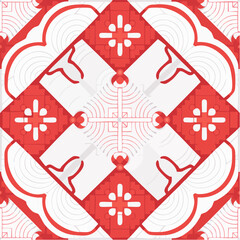 Poster - Abstract red and white geometric design featuring a symmetrical pattern, showcasing intricate shapes and a modern, decorative aesthetic suitable for various design projects.