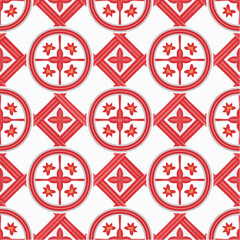 Poster - A visually appealing seamless repeating pattern featuring geometric shapes and floral elements in a symmetrical design, showcasing a vibrant red and white color palette.