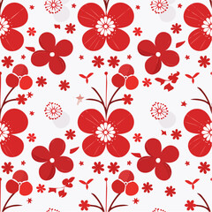 Poster - A vibrant and detailed floral pattern illustration featuring stylized red blossoms with white centers and various decorative elements on a light background.