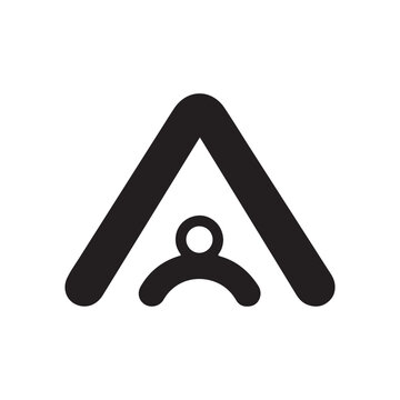 Minimalist black and white vector illustration of an abstract letter A with a human figure inside, symbolic of shelter or home.