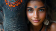 © Naruephu - Close-up of elephant’s decorated forehead and girl’s smiling face in harmony colorful scene white background