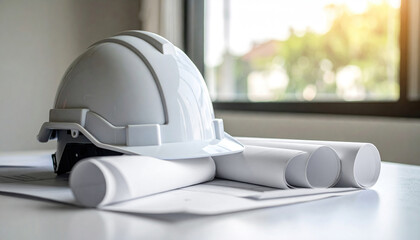 Safety helmet and blueprints on a white desk in front of a blurred background.