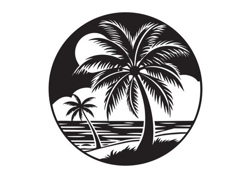 Beach with Palm Tree Silhouette Vector, Beach with Palm Tree Icon