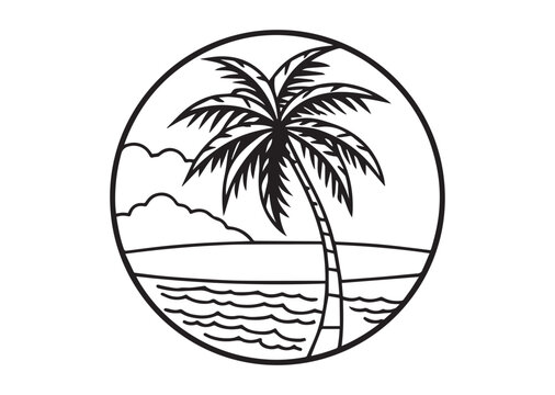 Beach with Palm Tree Silhouette Vector, Beach with Palm Tree Icon