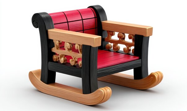 3D Render of Red and Black Rocking Chair with Wooden Runners on White Background