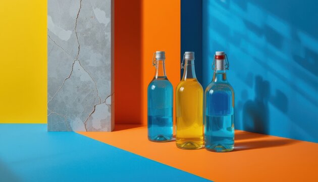 Chromatic Beverage Bottles Set Against a Striking Geometric Backdrop