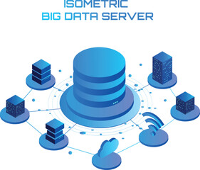 Aufkleber - Computation of big data server. Cloud computing. Online devices upload and download information. Isometric technology. Information request processing, computer technologies, isometric vector blue