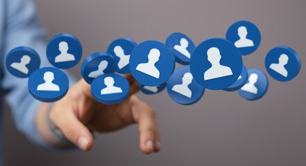 Poster - human connection network with digital profile icons over hand
