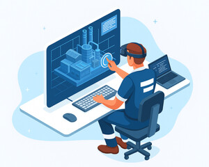 Fototapete - Virtual reality engineer interacting with a digital factory design, using virtual reality headset for industrial automation, and innovative technology at the office.