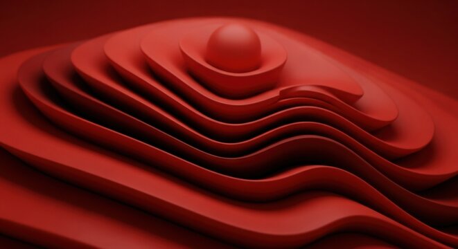 Abstract Red Organic Ripples and Smooth Curves with a Central Sphere in a Topographical Landscape