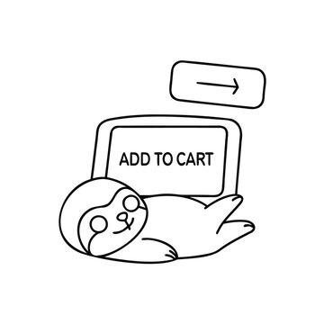 Handdrawn sloth with laptop add to cart text arrow symbol for sale november animal