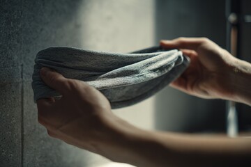 Poster - Hands stretching a soft cloth against a textured wall in a well-lit indoor space