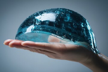 Poster - Hand holding a translucent blue gel dome with droplets on a gray background during a creative art project