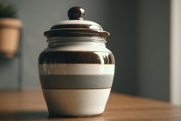 Poster - Decorative ceramic jar with unique striped design displayed on wooden surface in modern interior setting
