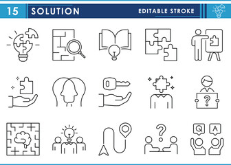 Poster - A set of line icons related to Solution. Solve, question, quiz, answers, innovation, answering, and so on. Vector editable stroke.