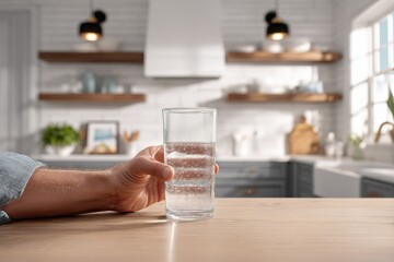 Poster - Hand holding a glass of water in a bright kitchen setting during the afternoon
