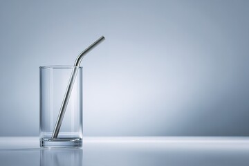 Poster - Glass tumbler filled with water and metal straw on a minimalist counter reflecting soft light